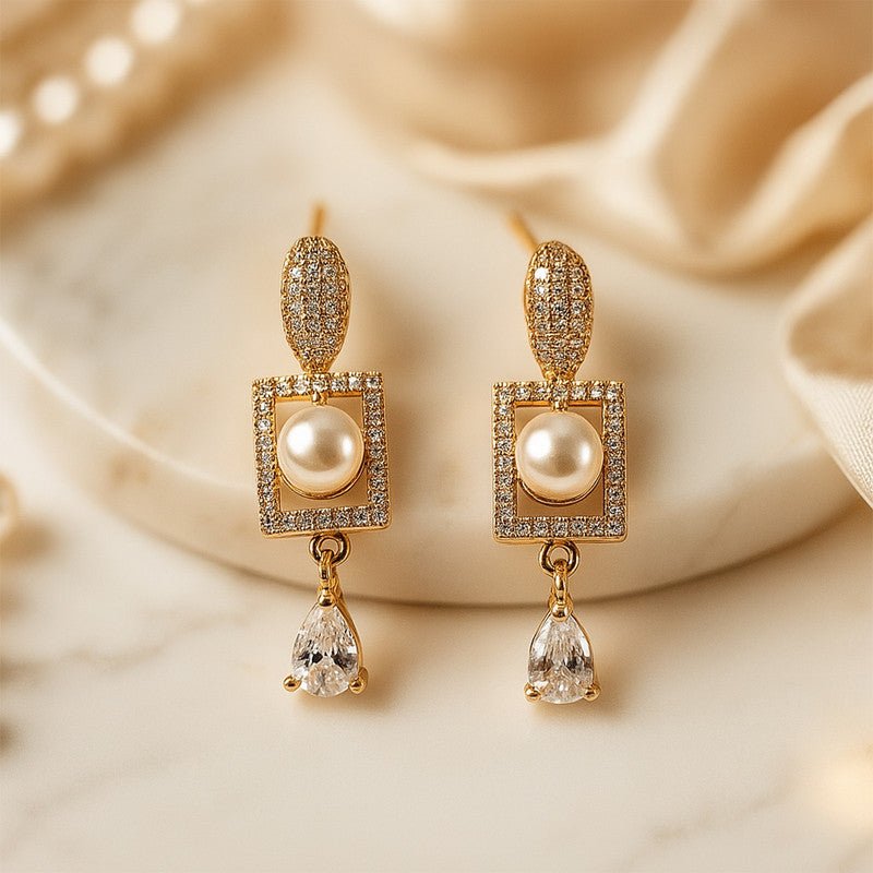 Lustrous Pearl & Cubic Zirconia Geometric Drop Earrings for Women - Detailed Feature View 2