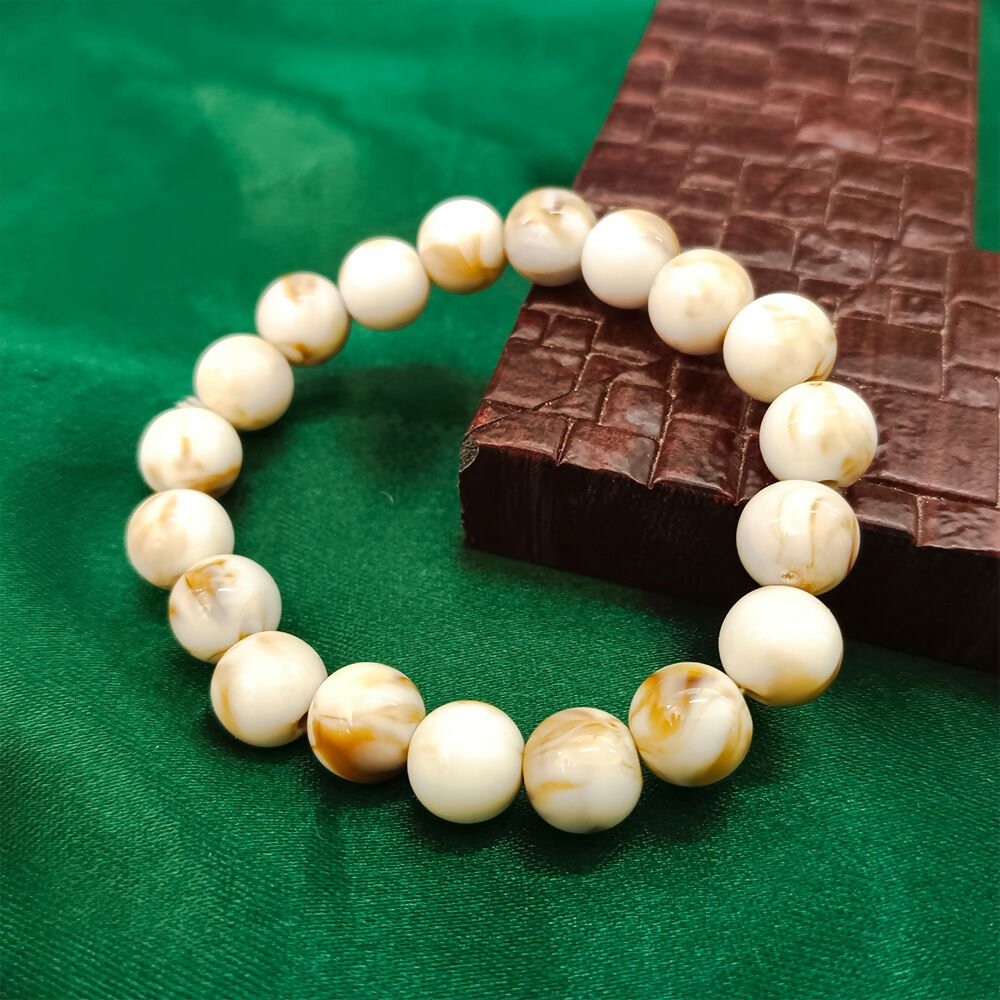 Premium Marble Finish Beaded Elastic Bracelet – Elegant White & Beige Design - Buy Online at Alikart