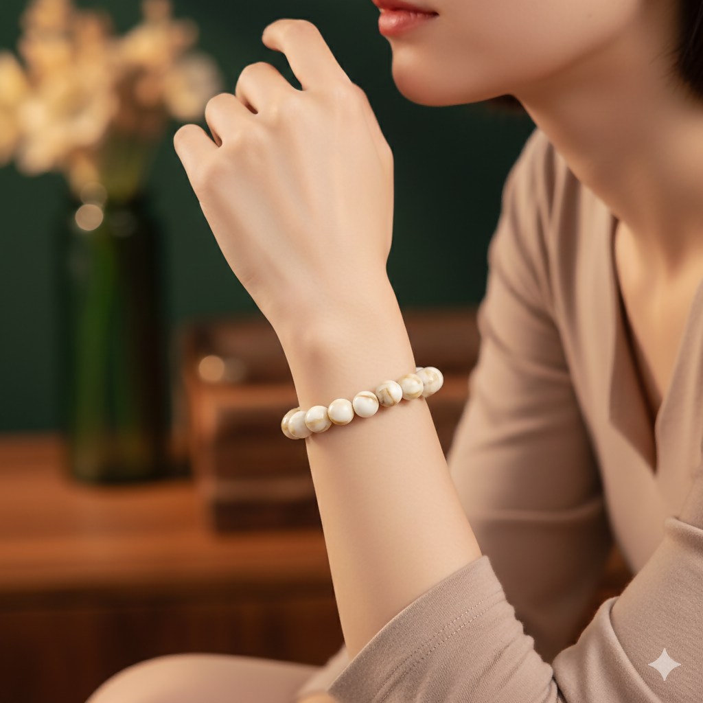 Marble Finish Beaded Elastic Bracelet – Elegant White & Beige Design - Detailed Feature View 1