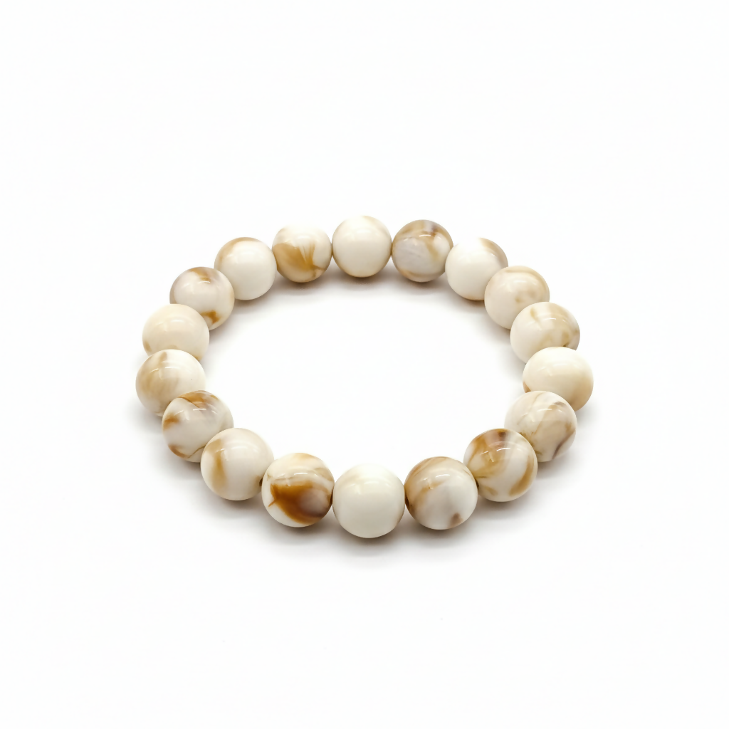 Marble Finish Beaded Elastic Bracelet – Elegant White & Beige Design - Detailed Feature View 3