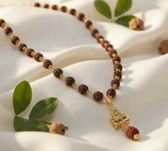 Men’s Rudraksha Mala Necklace with Gold Tone Hanuman Pendant