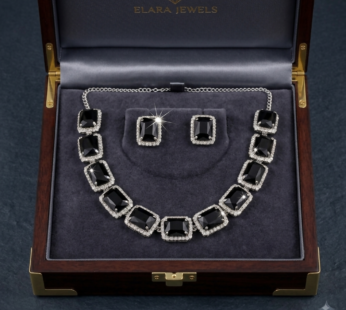 Midnight Onyx CZ Silver-Plated Bridal Necklace & Earrings Set for Weddings and Special Events