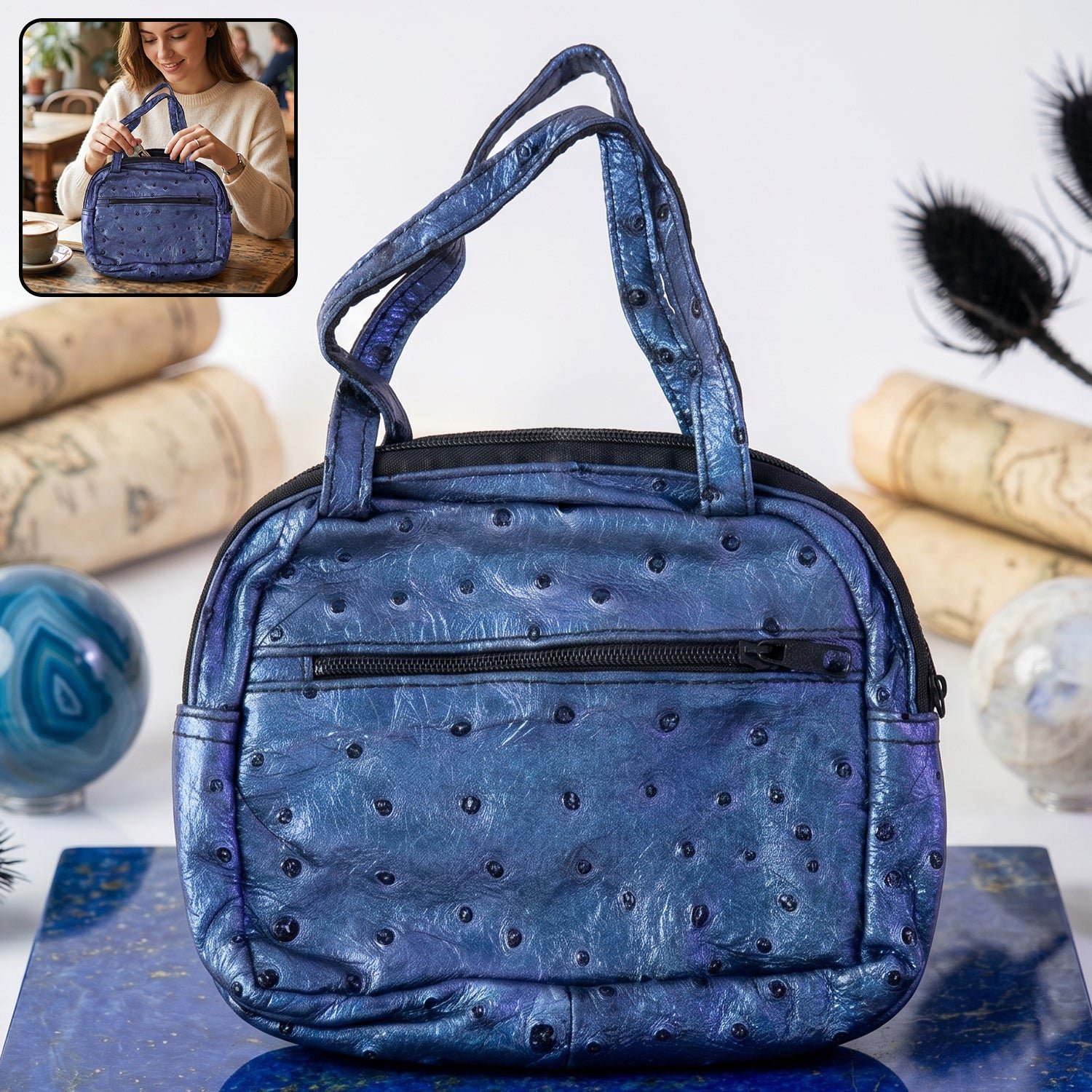 Premium Mini Zipper Handbag – Metallic Blue Ostrich Pattern for Women - Buy Online at Alikart