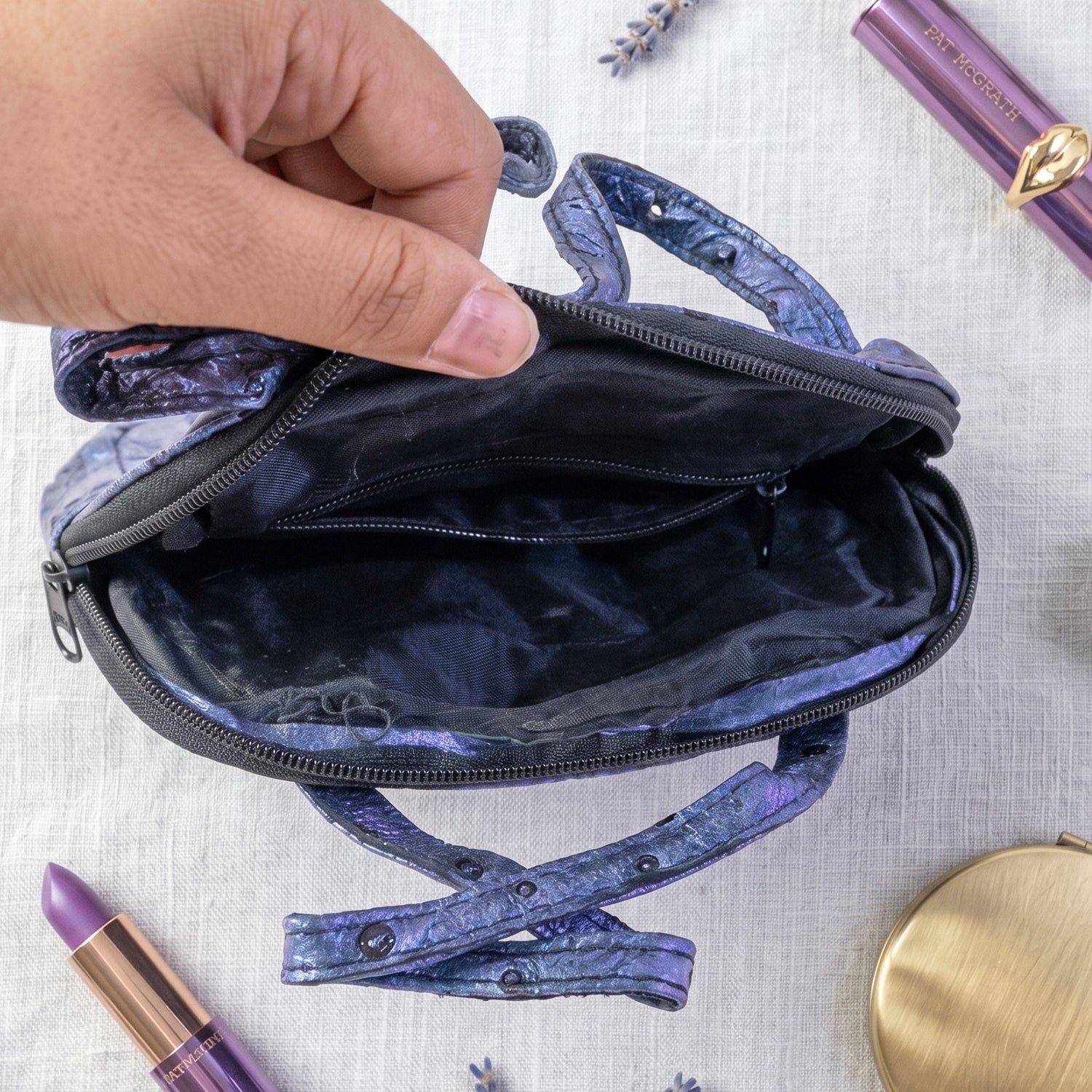 Mini Zipper Handbag – Metallic Blue Ostrich Pattern for Women - Detailed Feature View 1