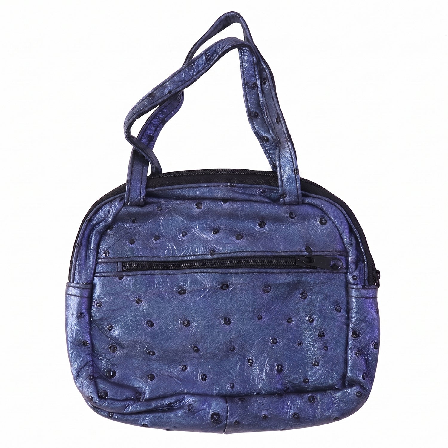 Mini Zipper Handbag – Metallic Blue Ostrich Pattern for Women - Detailed Feature View 3