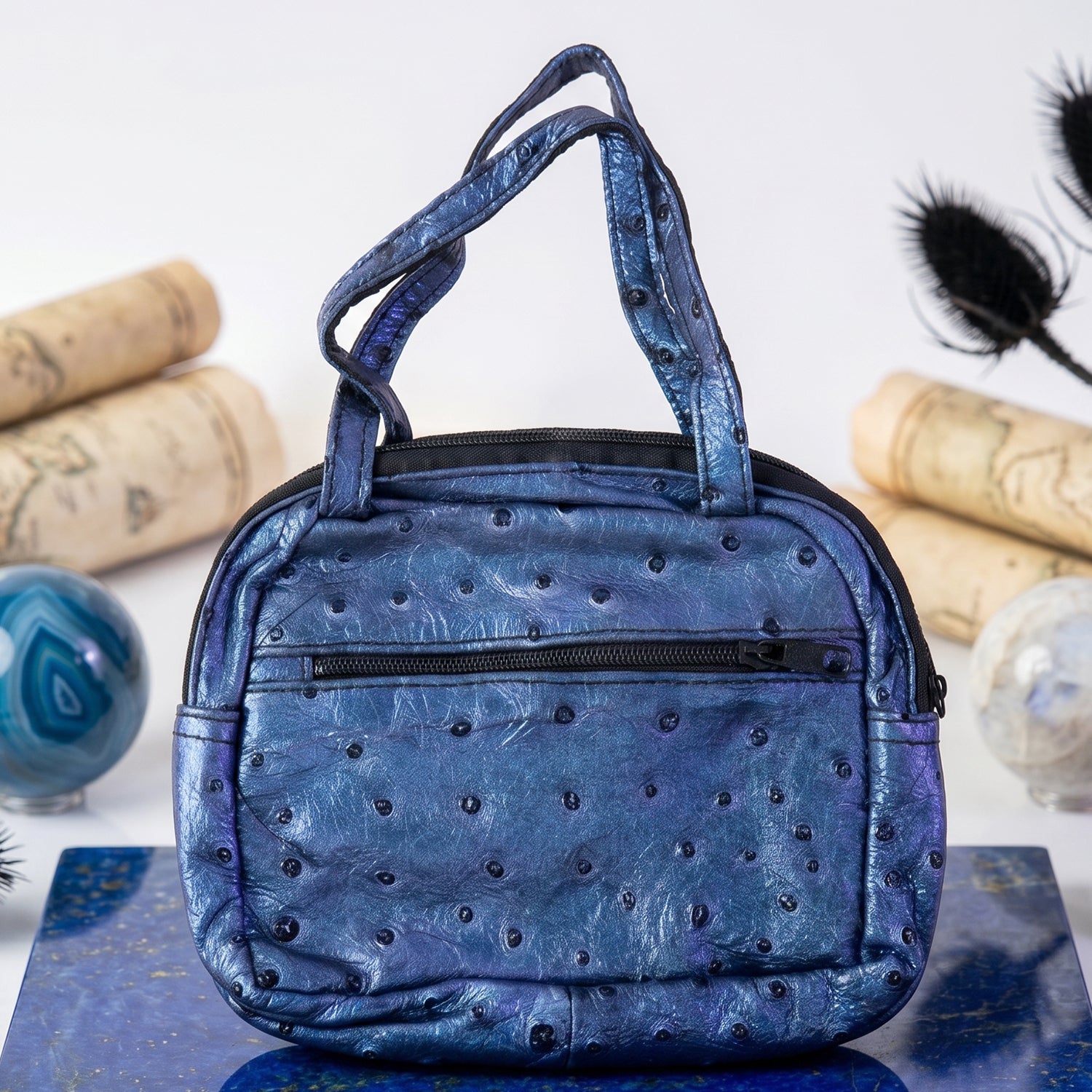Mini Zipper Handbag – Metallic Blue Ostrich Pattern for Women - Detailed Feature View 5