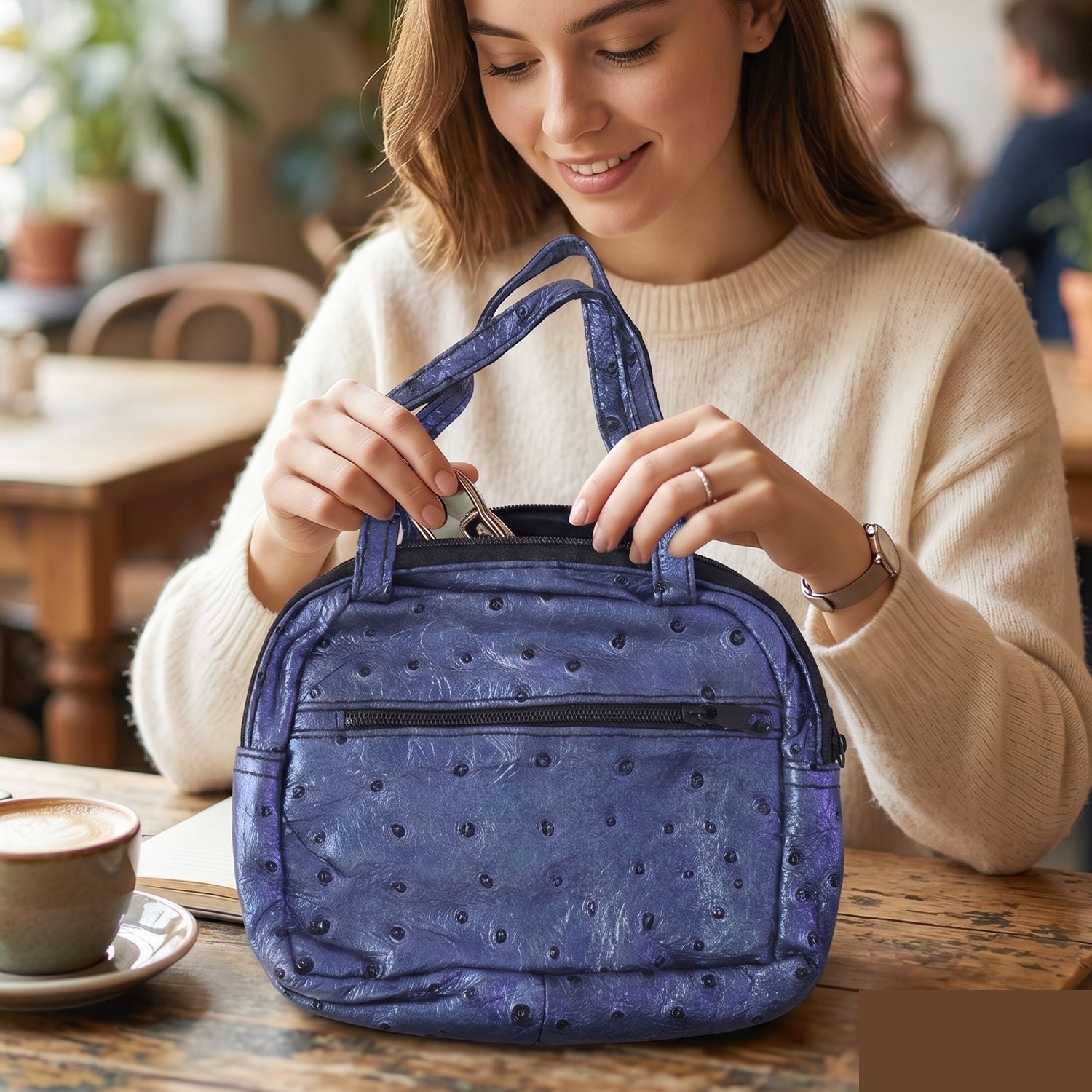 Mini Zipper Handbag – Metallic Blue Ostrich Pattern for Women - Detailed Feature View 6