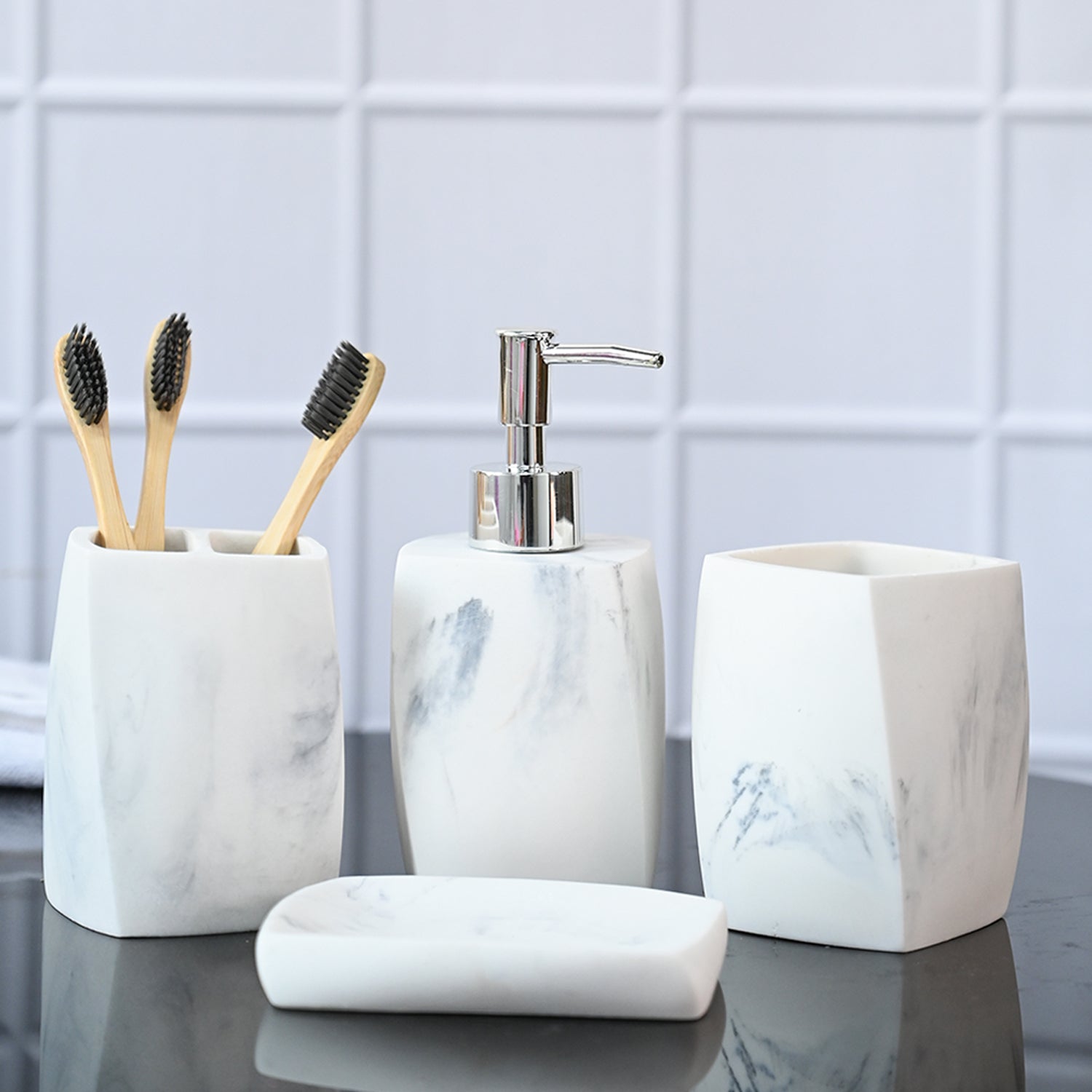 Premium Modern Ivory Stone Bathroom Accessory Set - 4-Piece Luxury Vanity Organizer - Buy Online at Alikart