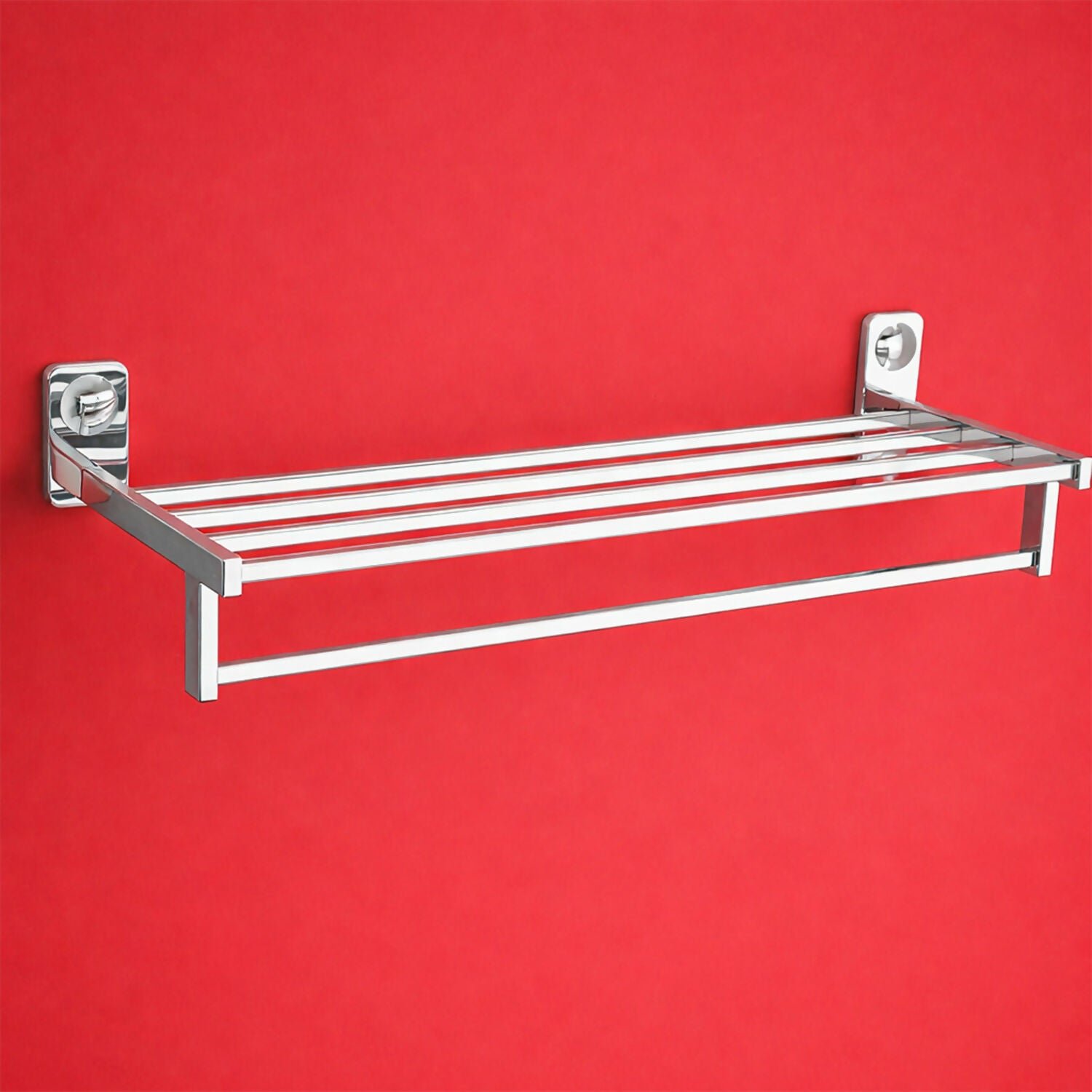 Modern Wall-Mounted Chrome Towel Shelf with Hanging Bar - Detailed Feature View 2
