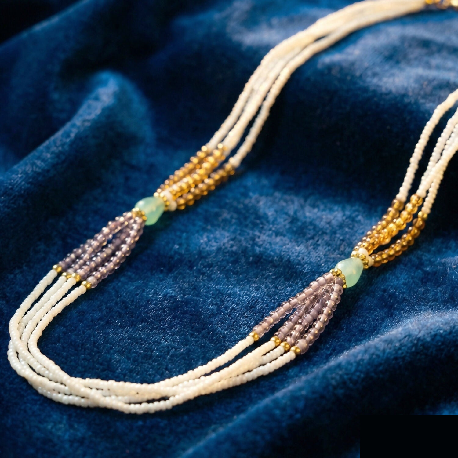 Multi-Layer Pearl Statement Necklace with Lavender and Gold Accents - Detailed Feature View 1