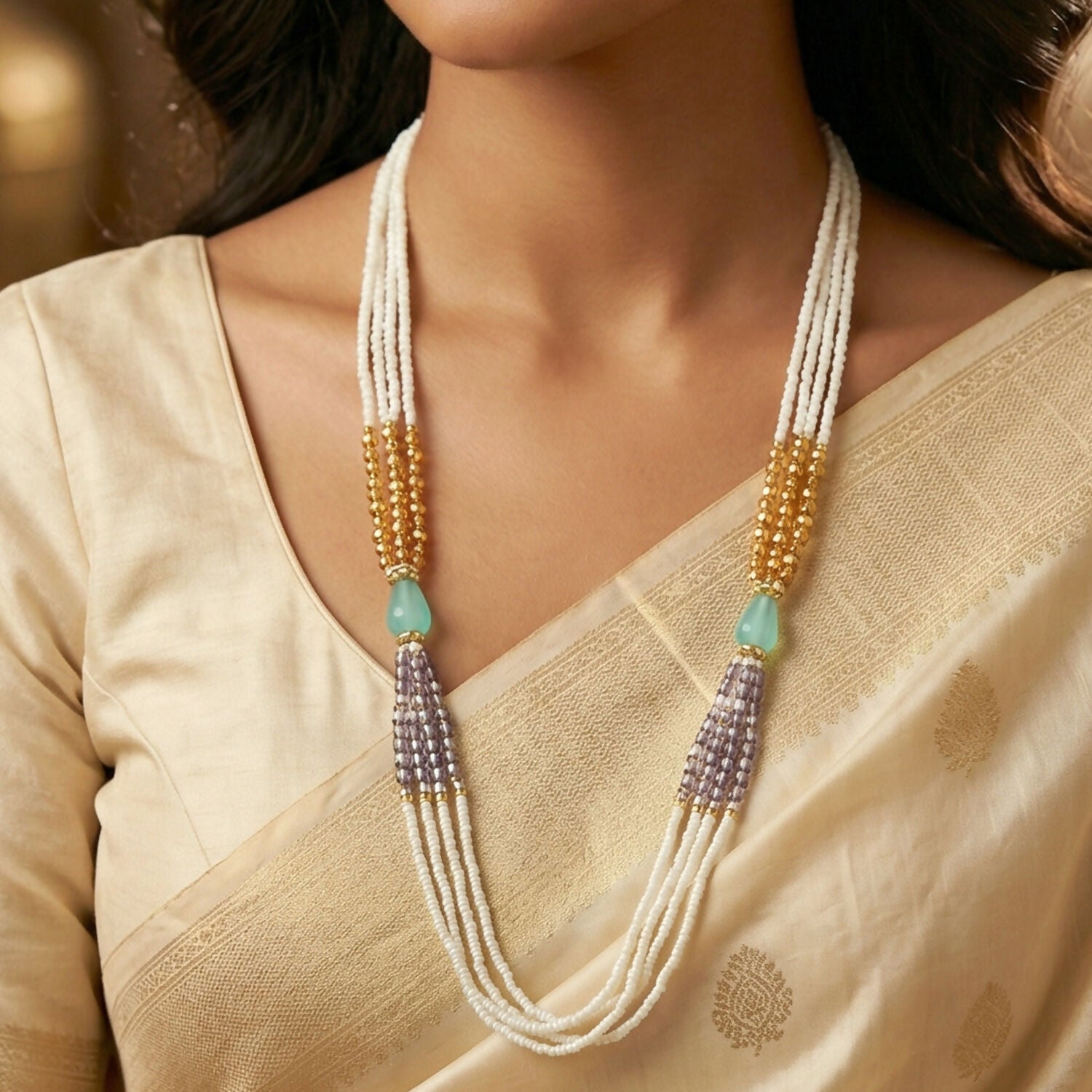 Multi-Layer Pearl Statement Necklace with Lavender and Gold Accents - Detailed Feature View 2