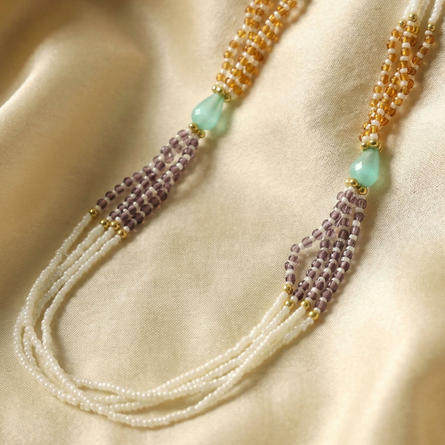 Multi-Layer Pearl Statement Necklace with Lavender and Gold Accents - Detailed Feature View 3