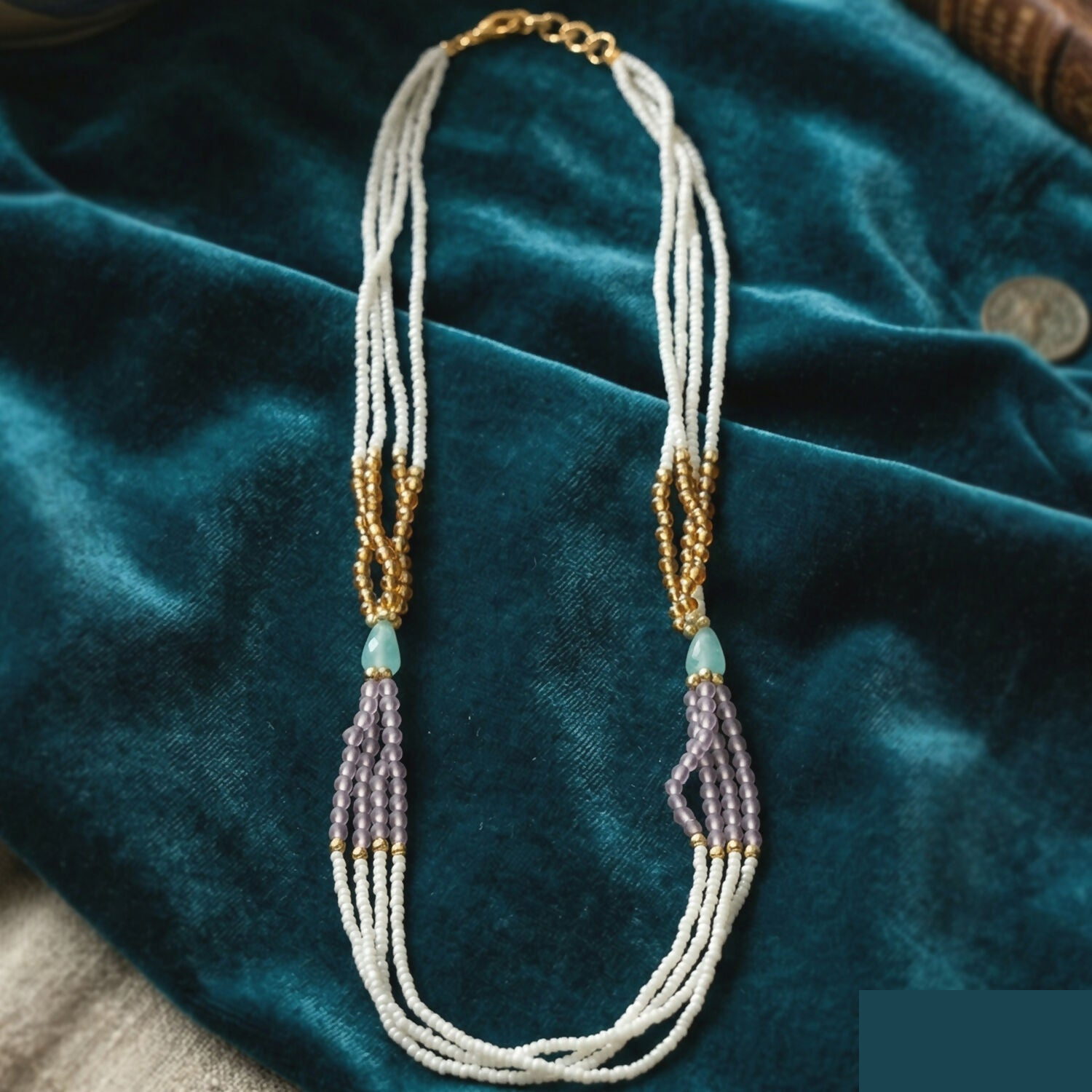 Multi-Layer Pearl Statement Necklace with Lavender and Gold Accents - Detailed Feature View 4