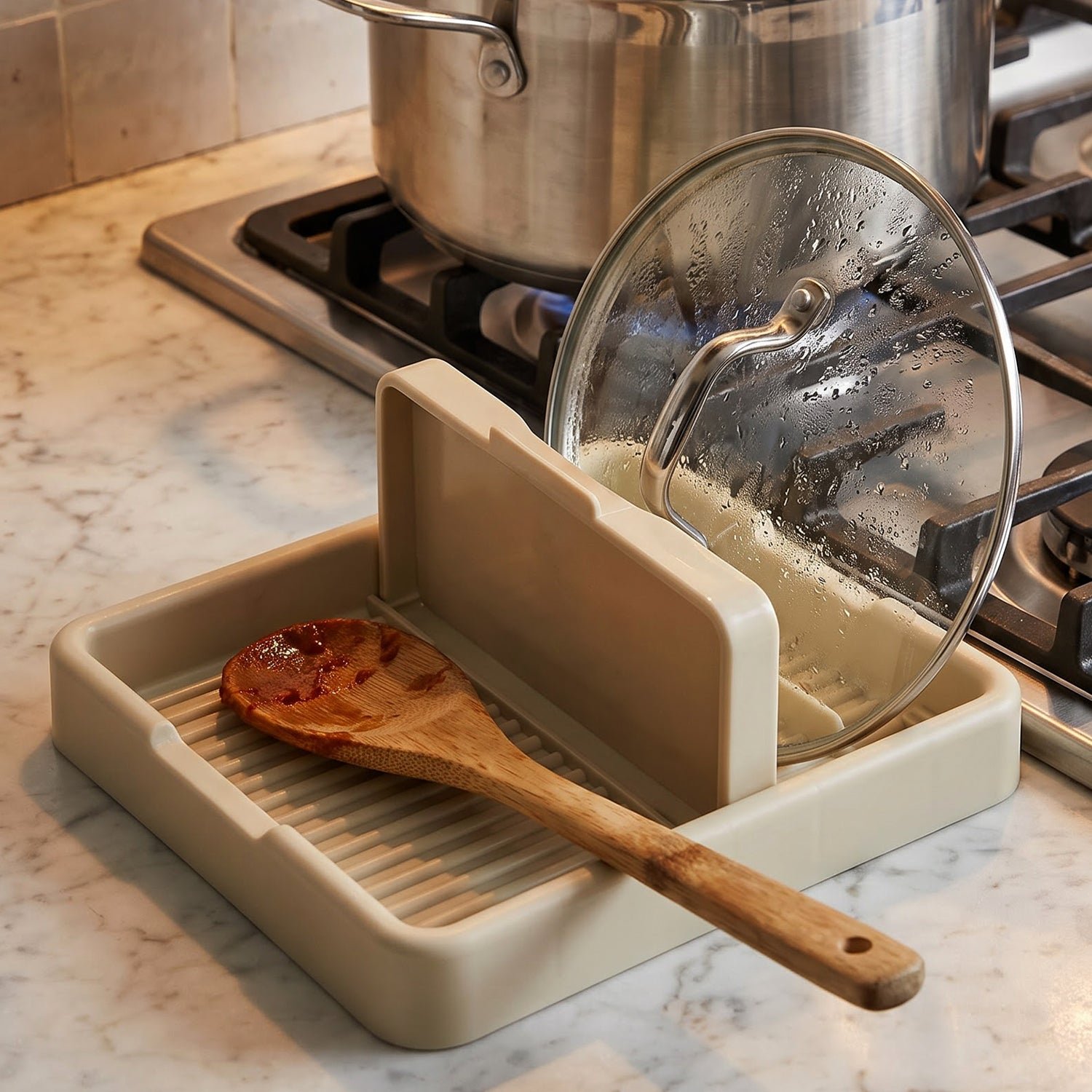 Multifunctional Kitchen Countertop Pot Lid and Cooking Utensil Holder Stand - Detailed Feature View 2