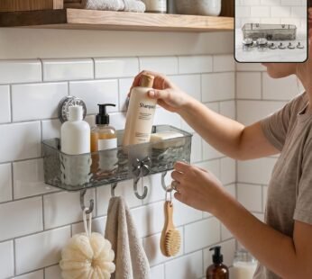 No-Drill Wall Mounted Bathroom Storage Shelf with Suction Cups and Hanging Hooks