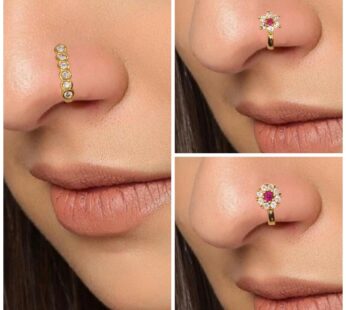 Non-Piercing Nose Ring Set – Gold Plated CZ Flower & Line Combo