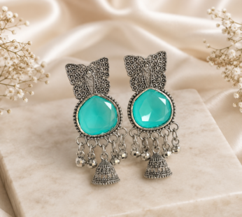Oxidised Silver Aqua Butterfly Jhumka Earrings with Beads