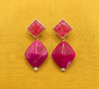 Pink Geometric Dangle Earrings with Marbled Resin & Pearl