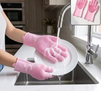Pink Silicone Cleaning Gloves with Scrubbing Bristles for Kitchen Washing