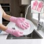 Premium Pink Silicone Cleaning Gloves with Scrubbing Bristles for Kitchen Washing - Buy Online at Alikart