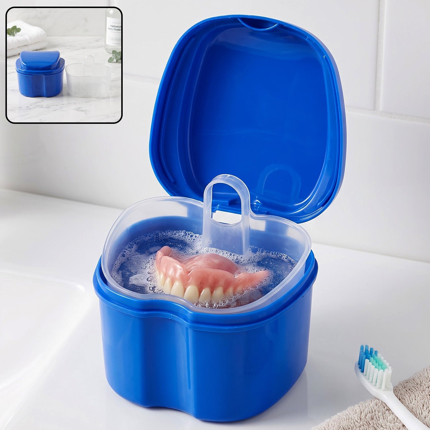Premium Plastic Denture Bath Cleaning Cup with Removable Strainer Basket and Lid - Buy Online at Alikart