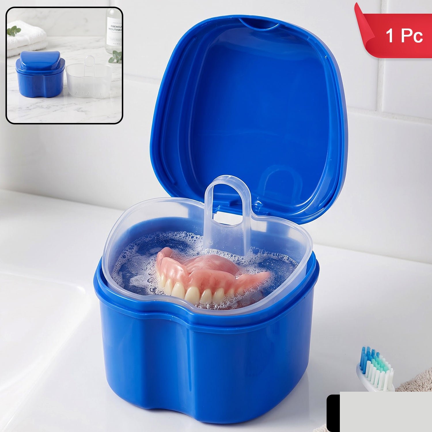 Plastic Denture Bath Cleaning Cup with Removable Strainer Basket and Lid - Detailed Feature View 1