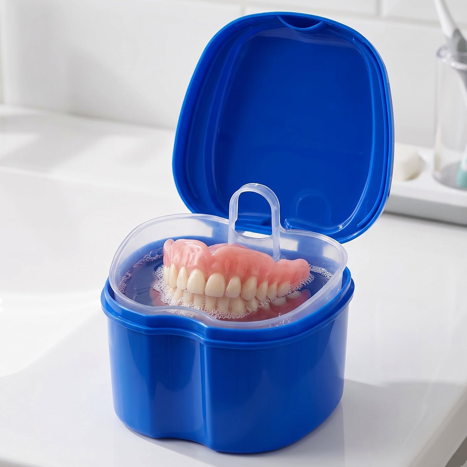 Plastic Denture Bath Cleaning Cup with Removable Strainer Basket and Lid - Detailed Feature View 6
