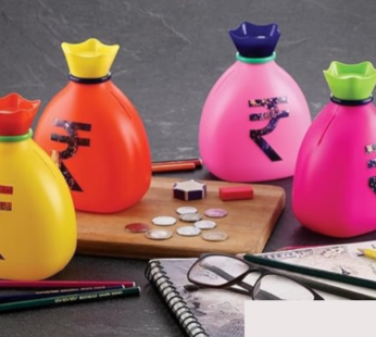 Plastic Money Saving Bank for Kids – Coin Bank in Rupee Bag Shape (Random Color-Pack of 1)