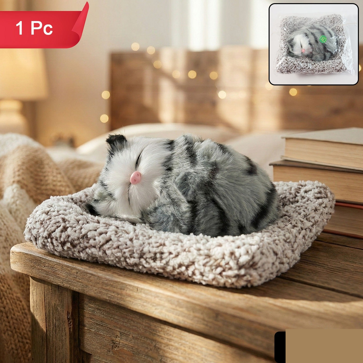 Plush Cat Dashboard Showpiece – Soft Closed-Eye Design - Detailed Feature View 1
