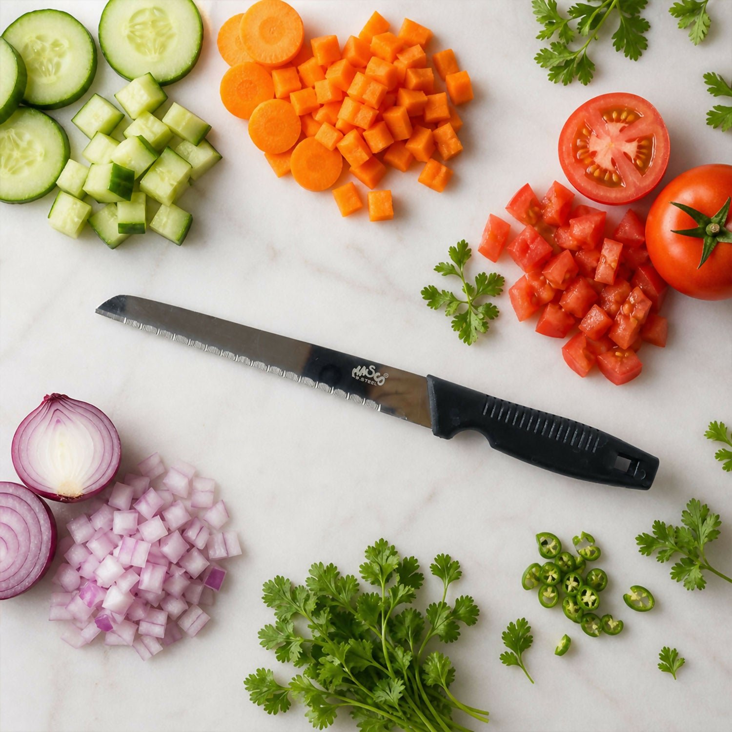 Professional Serrated Bread Knife with Ergonomic Black Handle and Stainless Steel Blade - Detailed Feature View 1