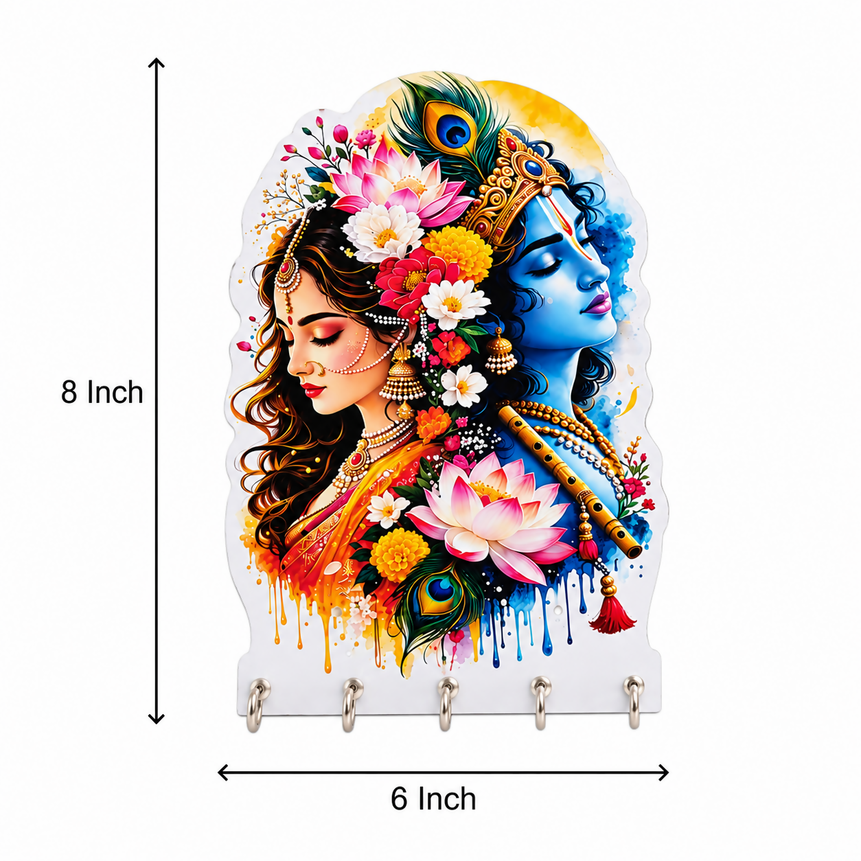 Radha Krishna Floral Art Wooden Key Holder Wall Mounted 5 Hooks Home Decor Gift - Detailed Feature View 2