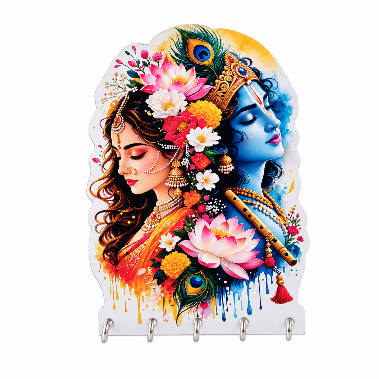 Radha Krishna Floral Art Wooden Key Holder Wall Mounted 5 Hooks Home Decor Gift - Detailed Feature View 3