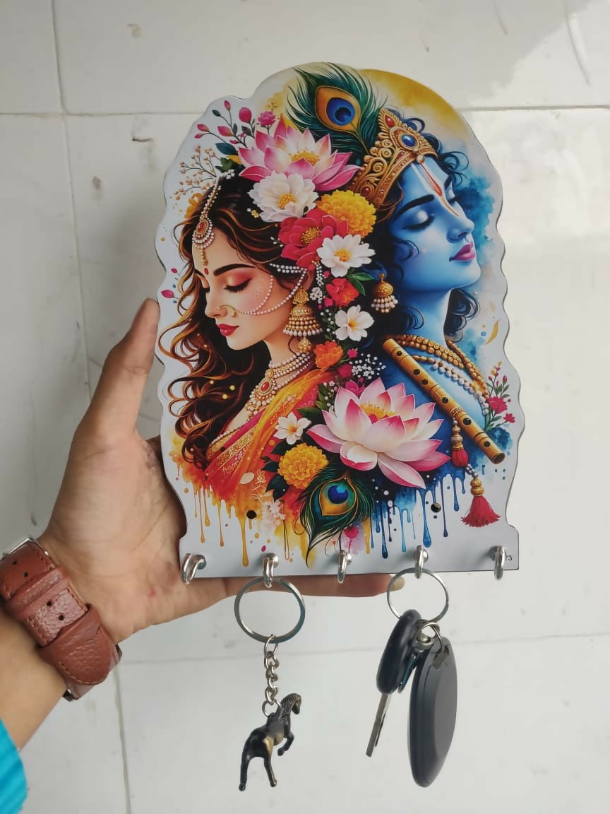Radha Krishna Floral Art Wooden Key Holder Wall Mounted 5 Hooks Home Decor Gift - Detailed Feature View 4