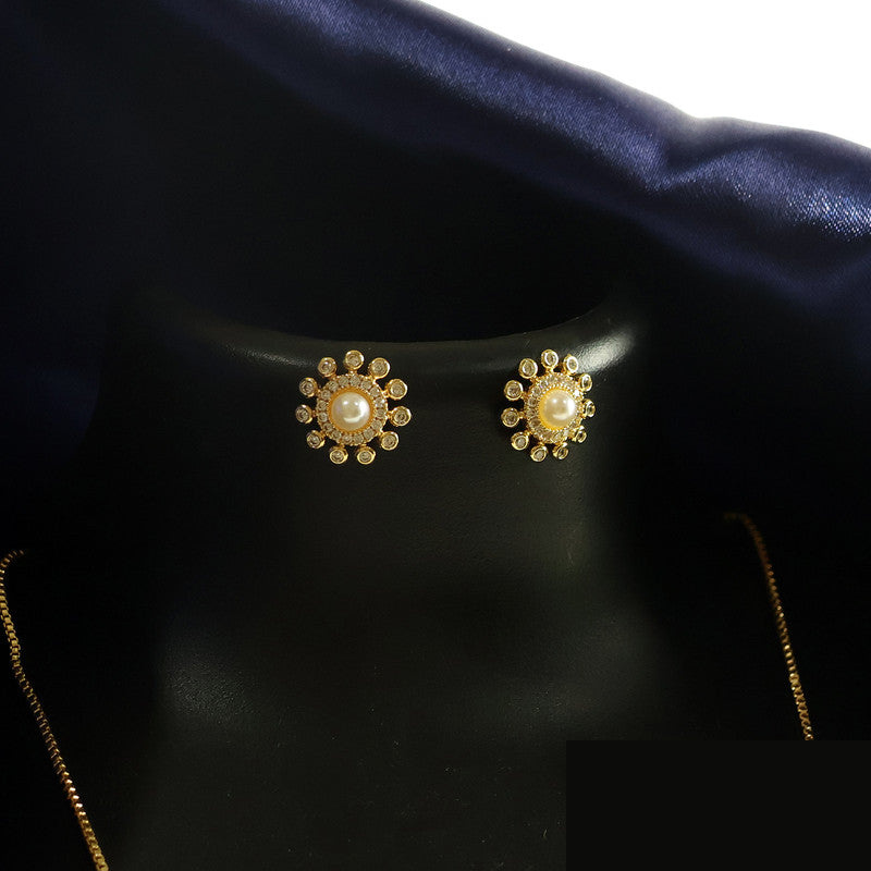 Radiant Blossom Pearl Stud Earrings in Gold Finish - Detailed Feature View 1