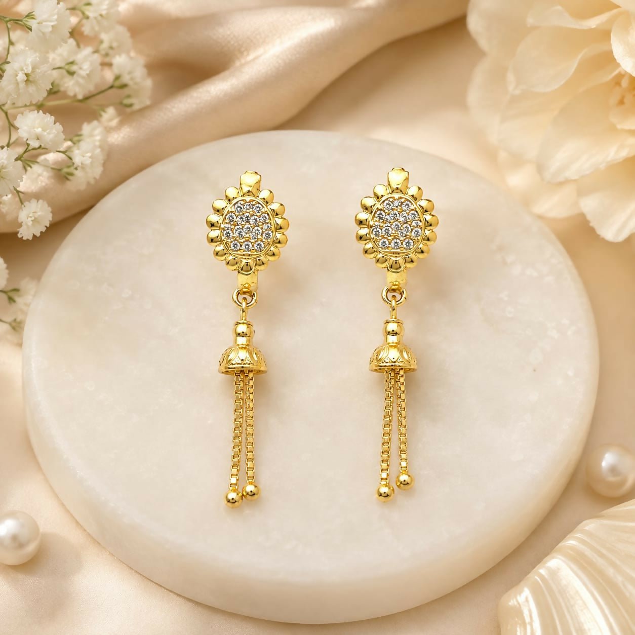 Premium Radiant Gold-Plated CZ Floral and Double Chain Dangle Earrings - Buy Online at Alikart