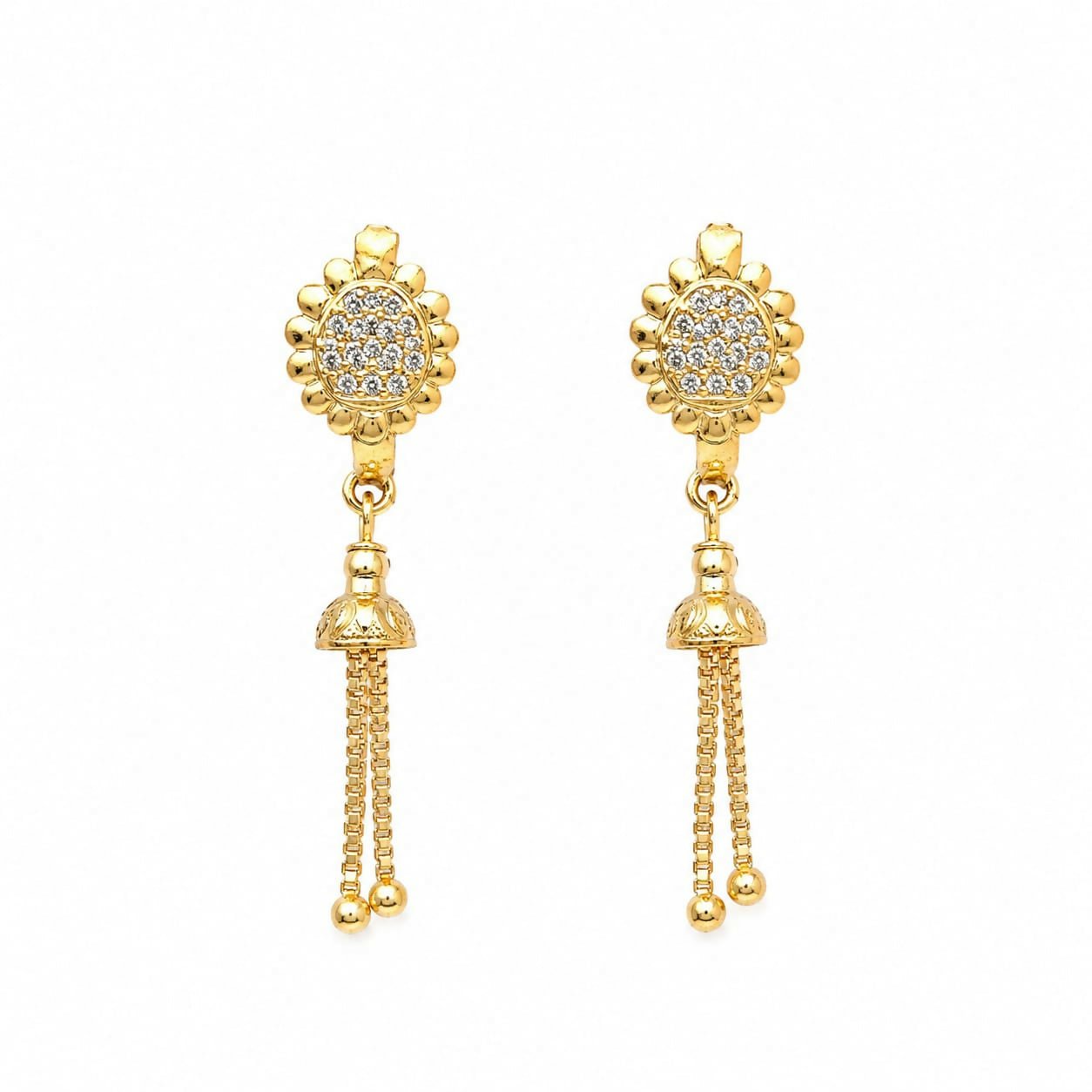 Radiant Gold-Plated CZ Floral and Double Chain Dangle Earrings - Detailed Feature View 2