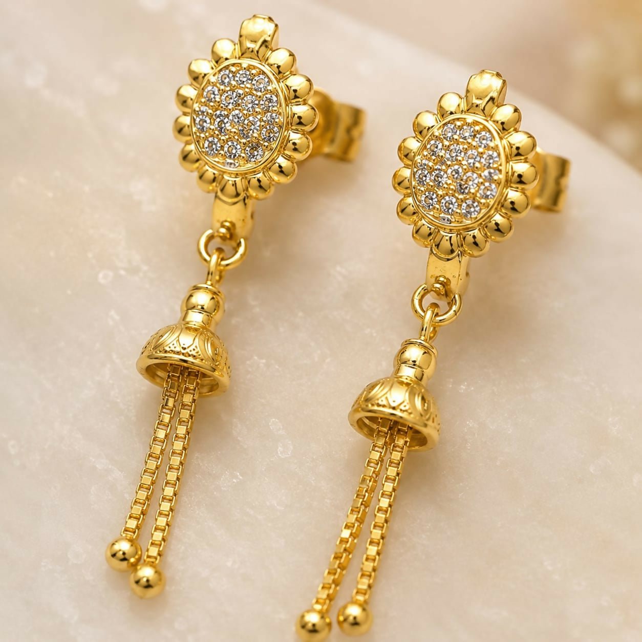 Radiant Gold-Plated CZ Floral and Double Chain Dangle Earrings - Detailed Feature View 3