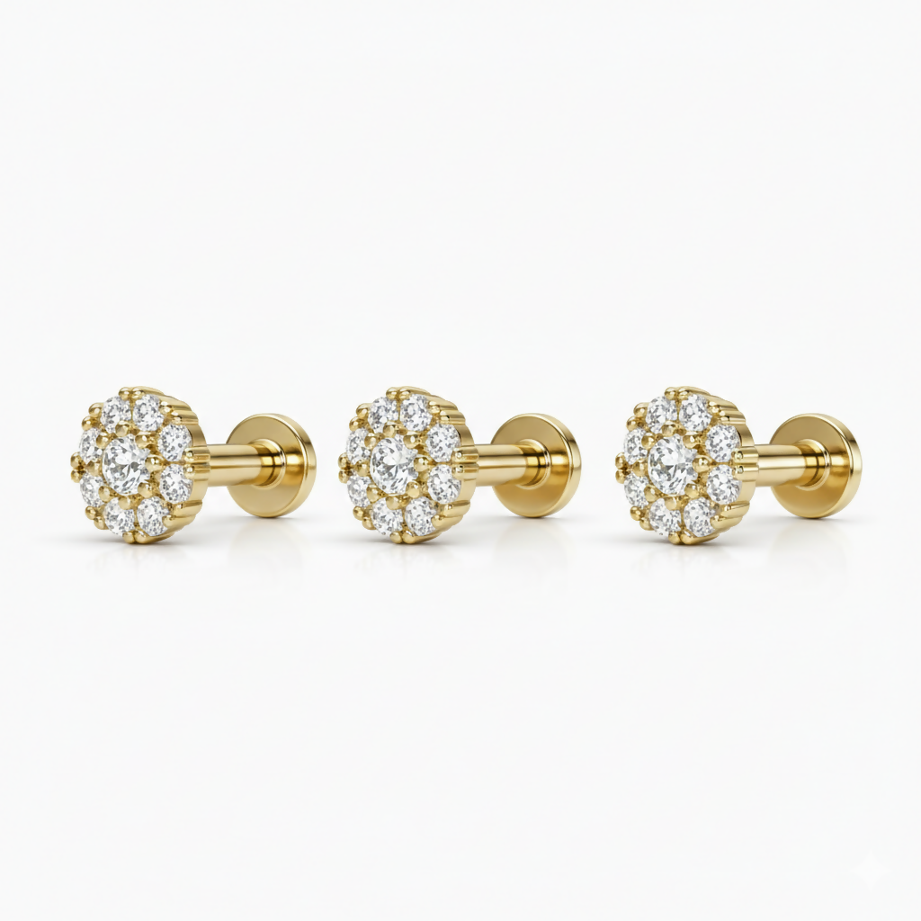 Radiant Gold-Tone Floral Cluster Flat Back Stud Earrings – 3-Piece Set - Detailed Feature View 4
