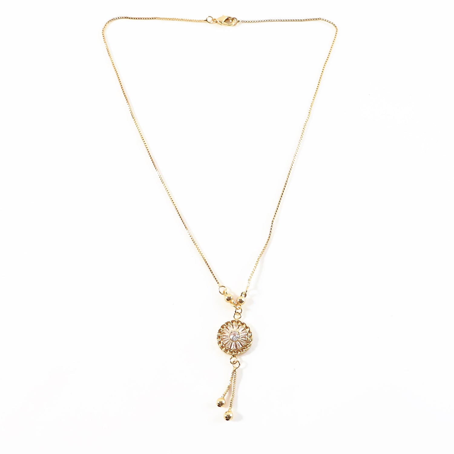 Radiant Layered Gold-Plated Round Pendant Necklace with Dual Chains - Detailed Feature View 1
