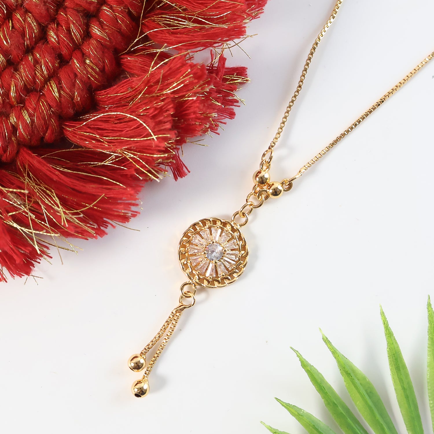 Radiant Layered Gold-Plated Round Pendant Necklace with Dual Chains - Detailed Feature View 3