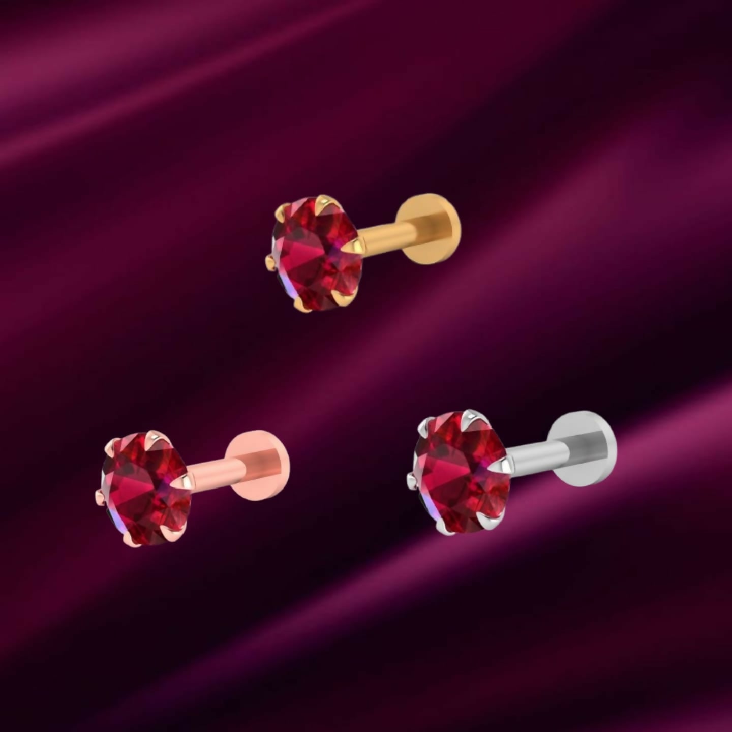 Radiant Ruby Nose Stud Trio – Gold, Silver & Rose Gold Plated Collection - Detailed Feature View 1