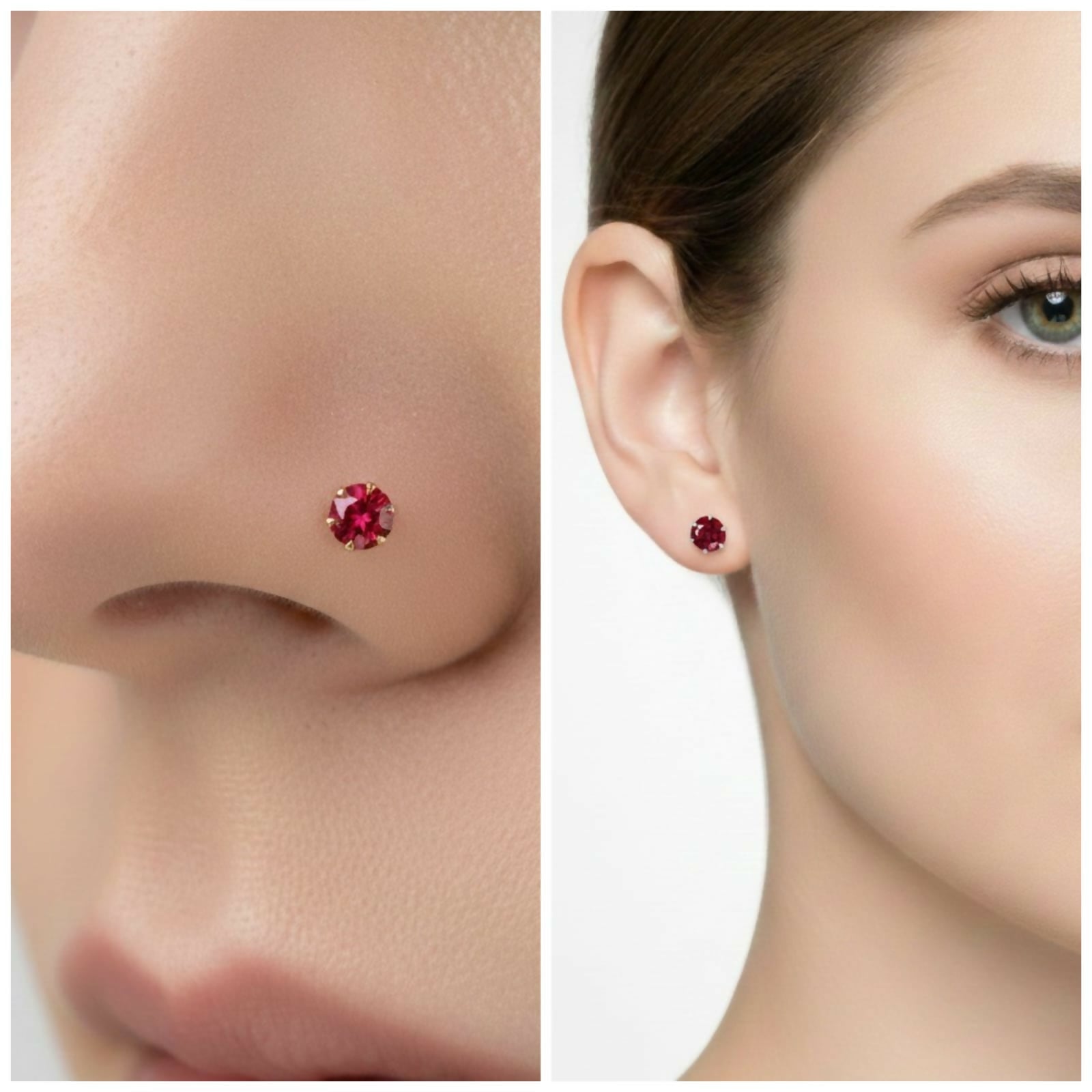 Radiant Ruby Nose Stud Trio – Gold, Silver & Rose Gold Plated Collection - Detailed Feature View 3