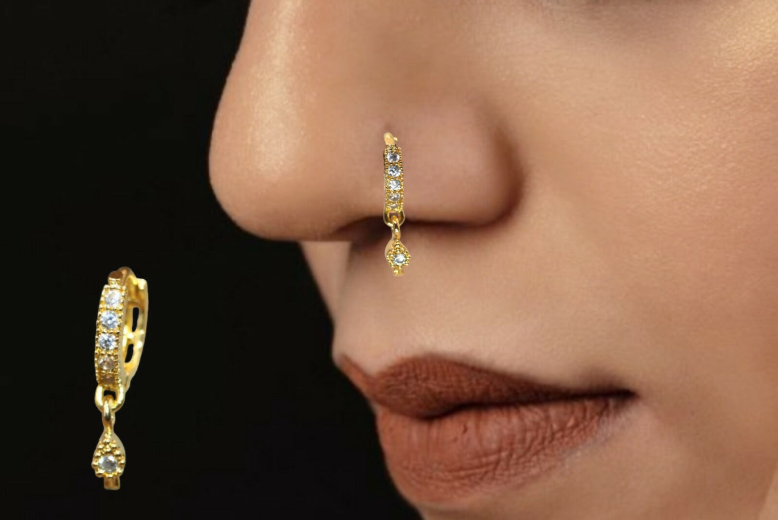 Radiant Teardrop CZ Dangle Nose Ring - Gold Plated Clicker Hoop - Detailed Feature View 1