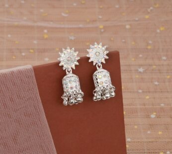 Radiant White Gold-Tone Floral Jhumka Earrings – Lightweight Ethnic Elegance
