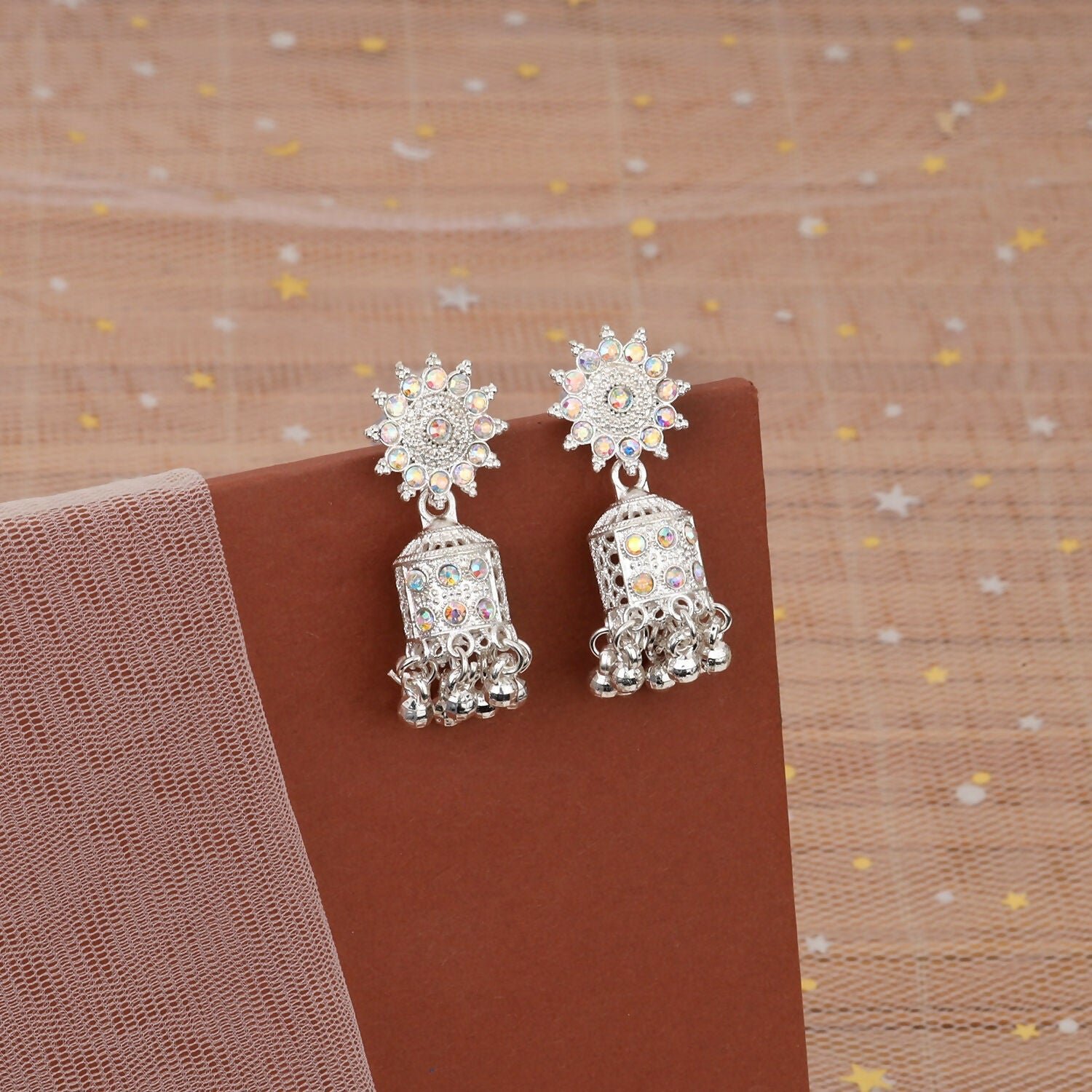Premium Radiant White Gold-Tone Floral Jhumka Earrings – Lightweight Ethnic Elegance - Buy Online at Alikart