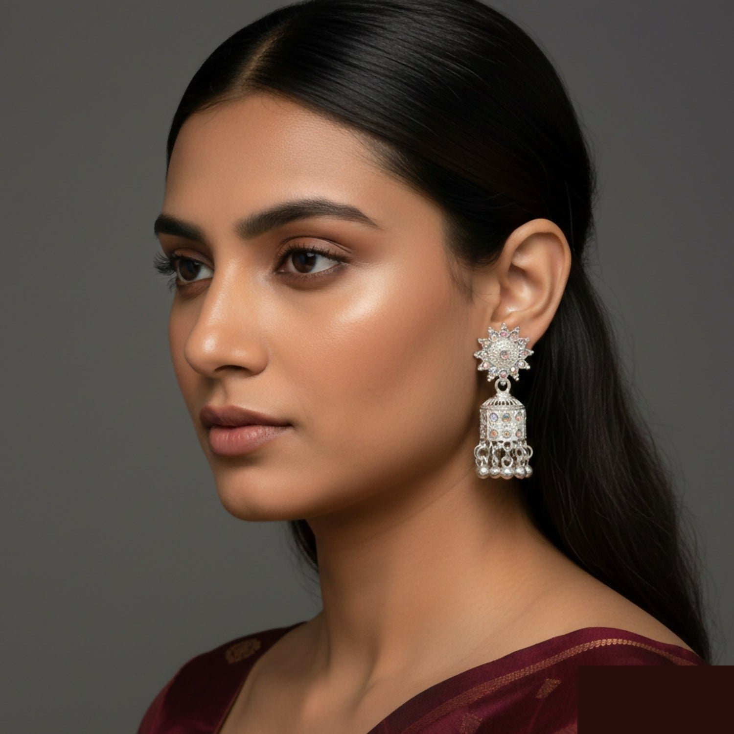 Radiant White Gold-Tone Floral Jhumka Earrings – Lightweight Ethnic Elegance - Detailed Feature View 1