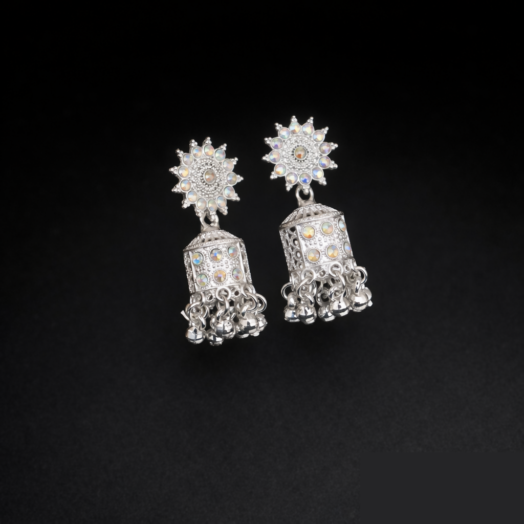 Radiant White Gold-Tone Floral Jhumka Earrings – Lightweight Ethnic Elegance - Detailed Feature View 2