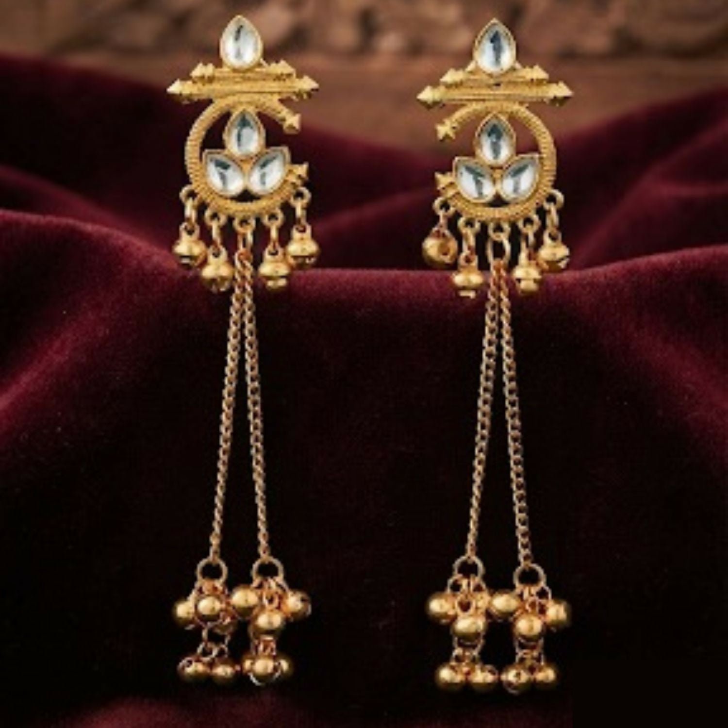 Regal Antique Gold-Tone Kundan Long Chain Dangler Earrings with Hanging Beads - Detailed Feature View 1