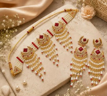 Regal Gold-Plated Ruby Red & Pearl Choker Necklace Set with Matching Earrings