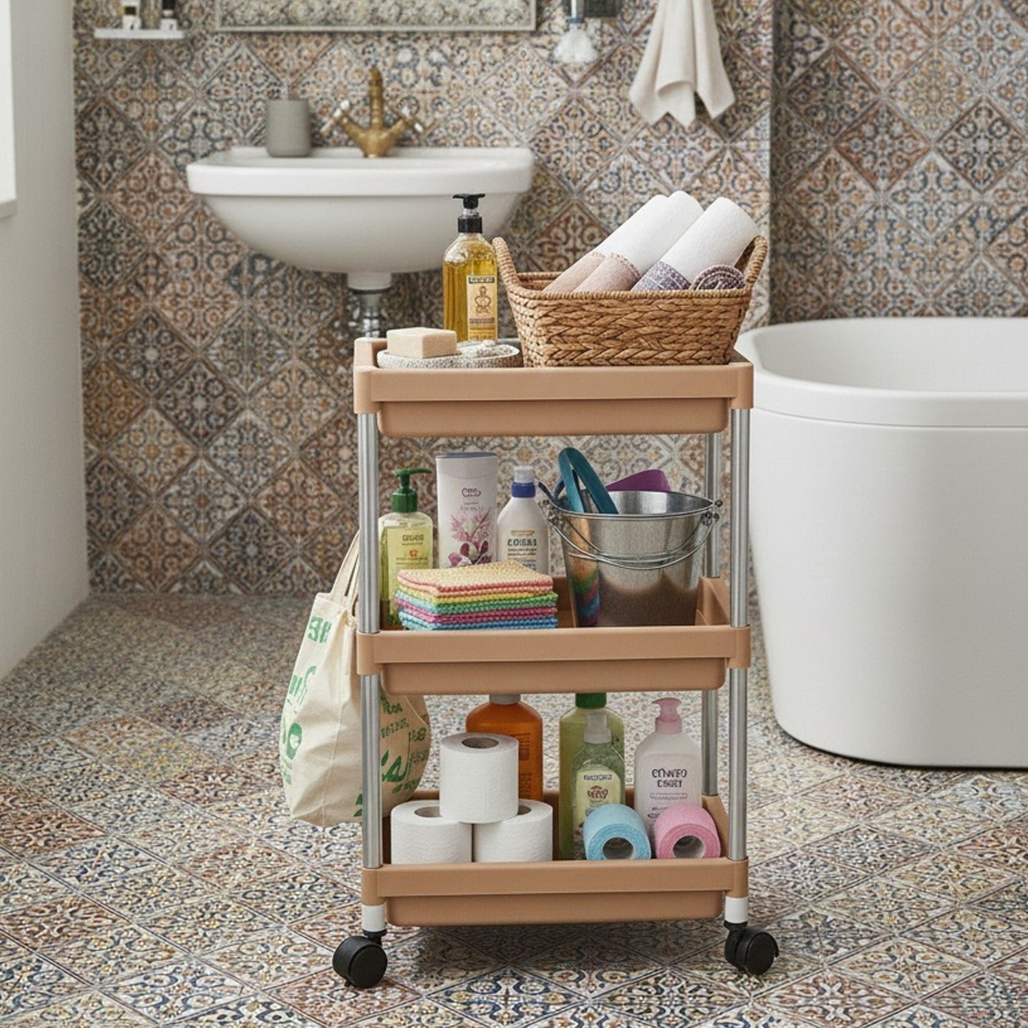 Rolling 3-Tier Utility Cart - Mobile Space-Saving Storage Organizer for Home and Office - Detailed Feature View 6